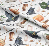 Halloween Themed Black Cat Flying Broom Pumpkin Pattern Digital Printed Fabric
